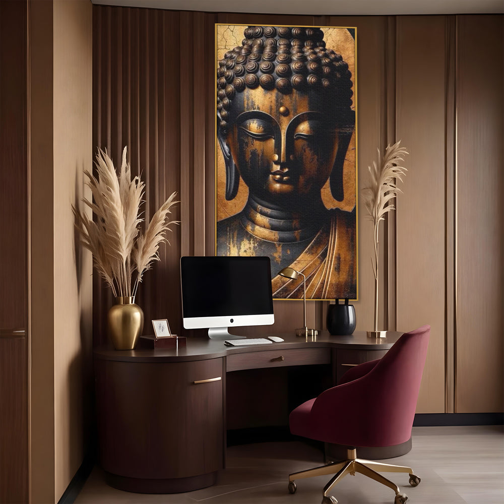 Tablou canvas cu tablou canvas cu capul lui buddha, in rama de aluminiu auriu, pe perete intr-un birou